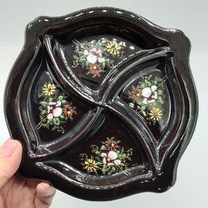 Vintage Hand Painted Floral Motif Divided Dish Made In Japan.